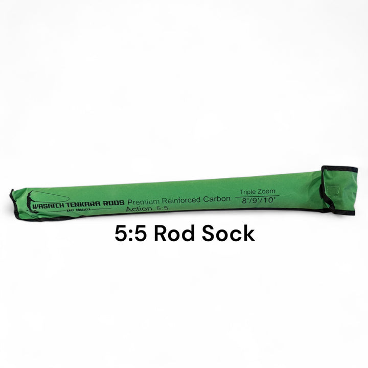 Wasatch Tenkara Rods Baby RodZilla 5:5 rod sock in green fabric, labeled for 8' / 9' / 10' triple zoom rod—protective sleeve for ultralight tenkara fly fishing rod storage and transport.