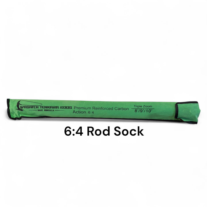 Wasatch Tenkara Rods Baby RodZilla 6:4 rod sock in green fabric, labeled for 8' / 9' / 10' triple zoom rod—protective sleeve for ultralight tenkara fly fishing rod storage and transport.