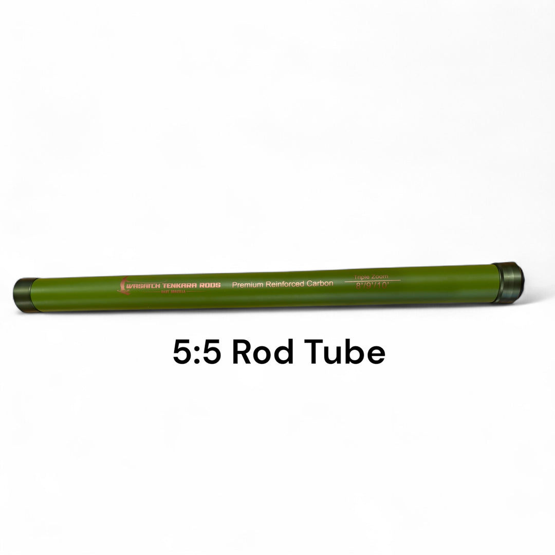 Wasatch Tenkara Rods Baby RodZilla 5:5 green rod tube for triple zoom 8' / 9' / 10' tenkara rod, made of durable reinforced material—protective hard case for safe transport and storage.