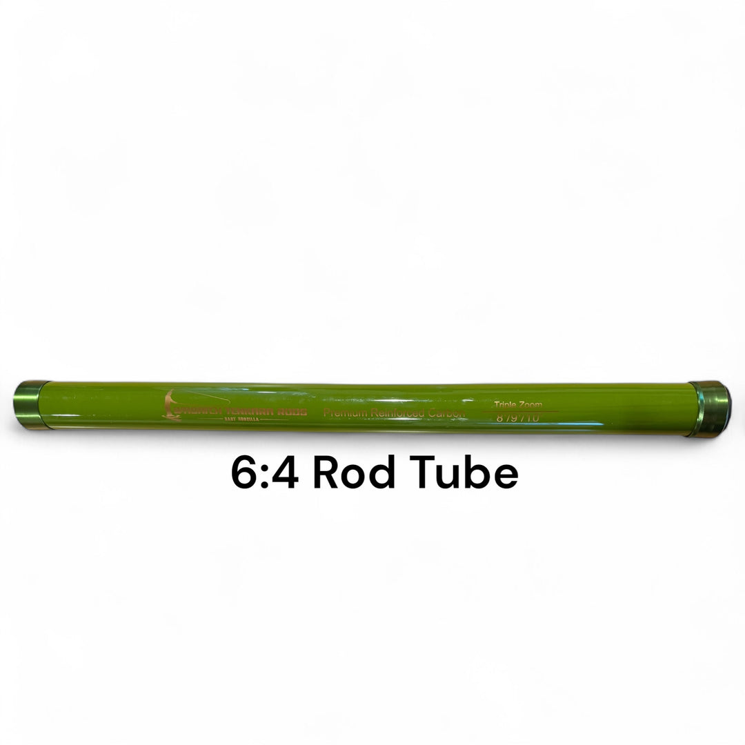 Wasatch Tenkara Rods Baby RodZilla 6:4 green rod tube for triple zoom 8' / 9' / 10' tenkara rod, made of durable reinforced material—protective hard case for safe transport and storage.