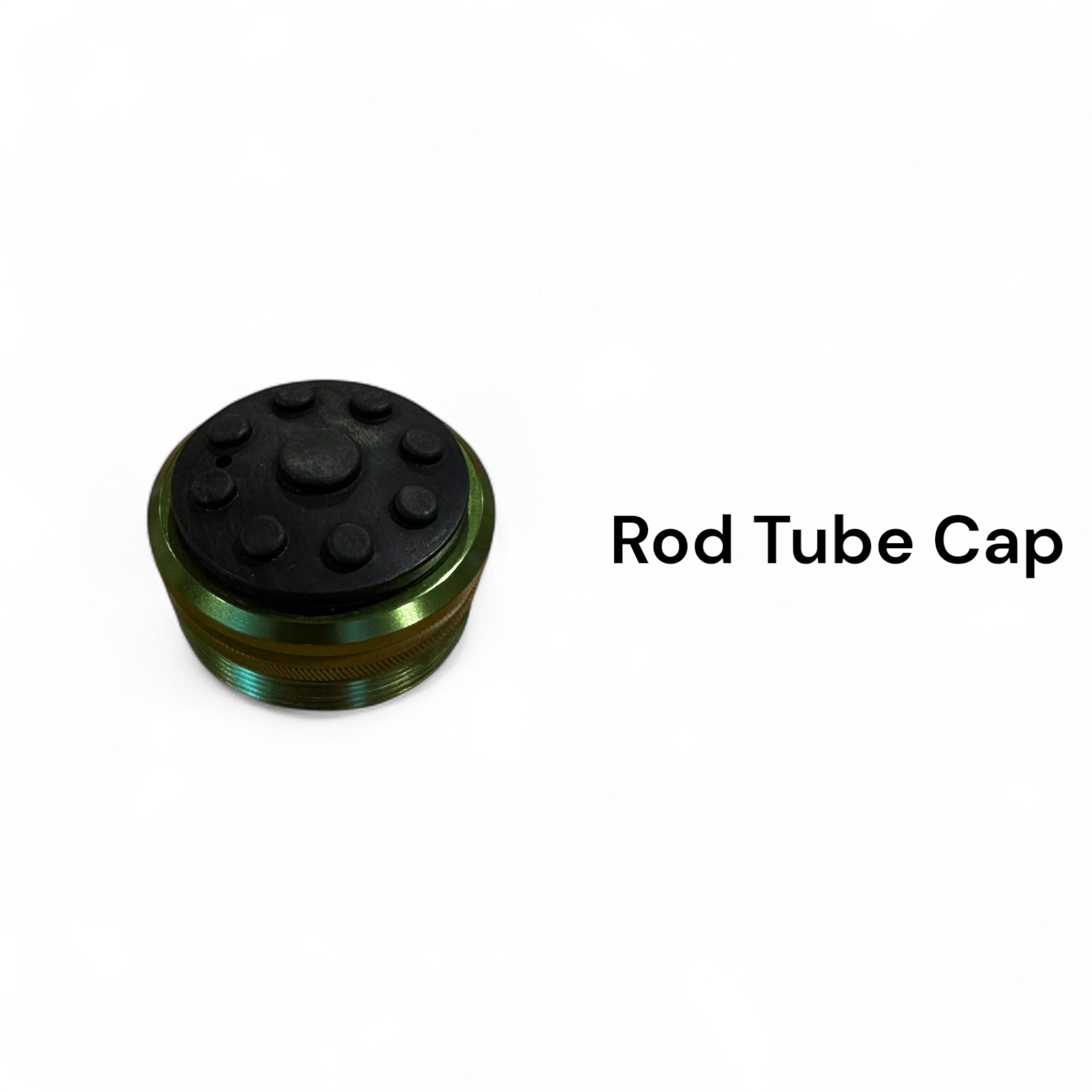 Close-up of Wasatch Tenkara Rods Baby RodZilla rod tube cap with textured black rubber top and threaded green aluminum body—secure closure for tenkara rod storage tube.