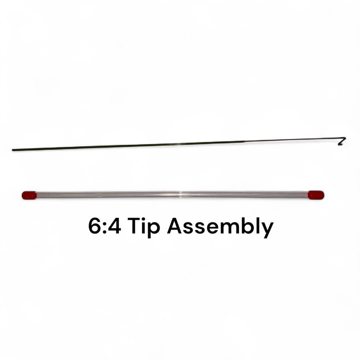 Wasatch Tenkara Rods Baby RodZilla 6:4 tip assembly shown with protective case, featuring ultralight carbon fiber tip section and pre-installed lillian—replacement tip for precise tenkara casting control.