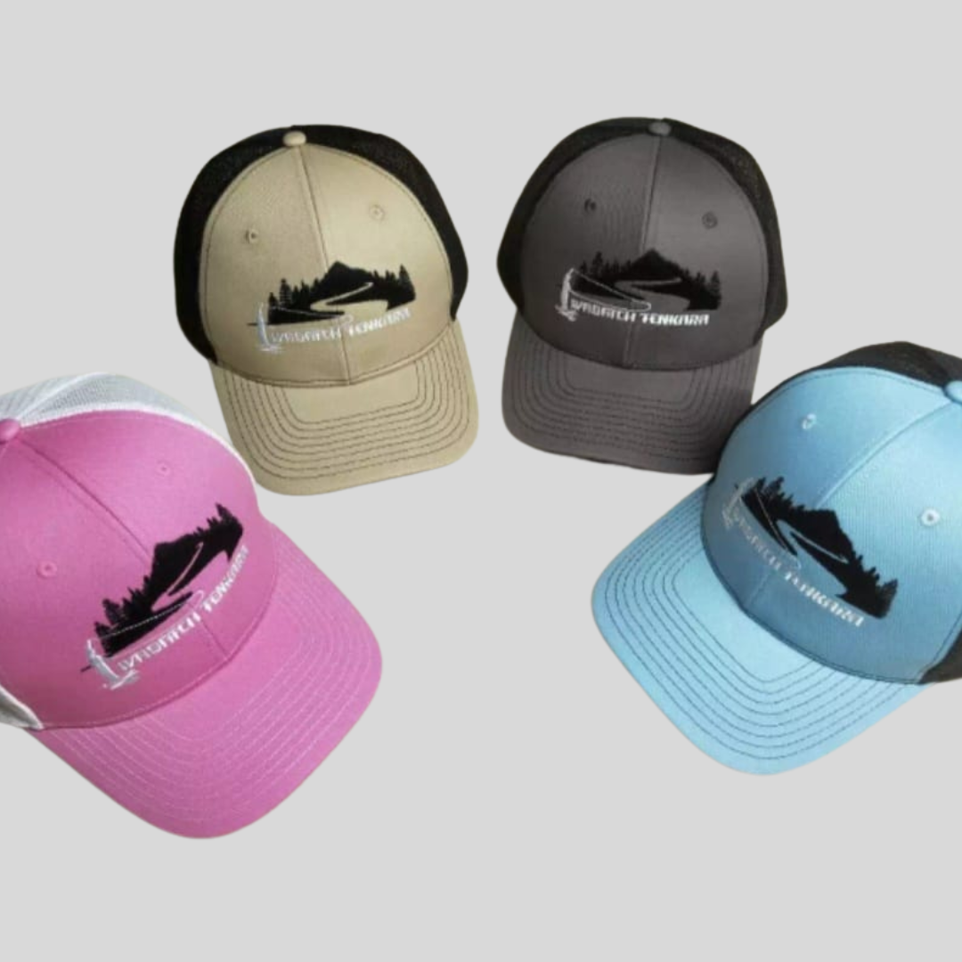 All of the Wasatch Tenkara Rods Hats. Pink, Blue, Gray, white, black, and tan
